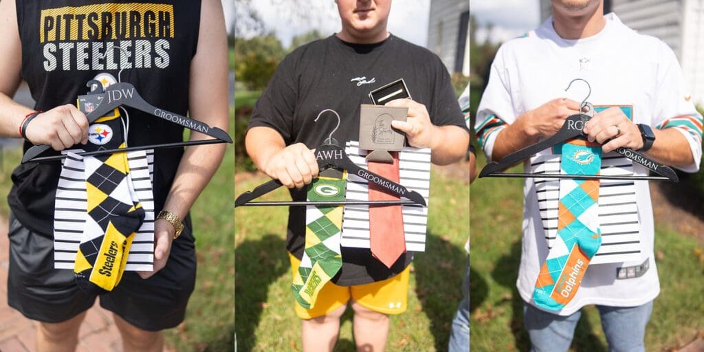 Groomsmen in sports jerseys and custom socks showing off their favorite teams for Barns of Kanak wedding