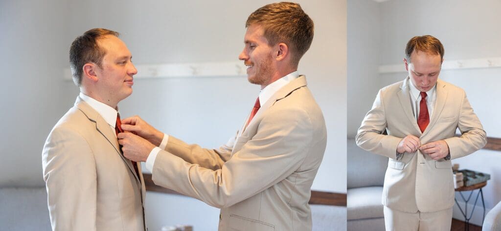Groom getting tan suit on for Barns of Kanak wedding
