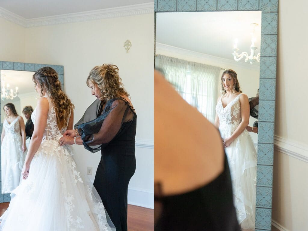 Bride getting into dress in Barns of Kanak bridal suite