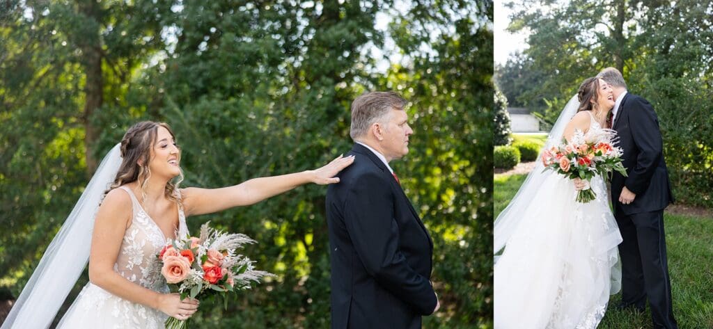 First look by Virginia trees between bride and father