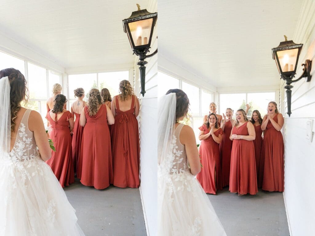 Bride first look with bridesmaids