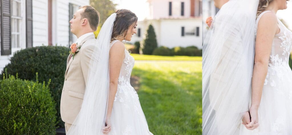 Bride and groom standing back-to-back for no-look first look