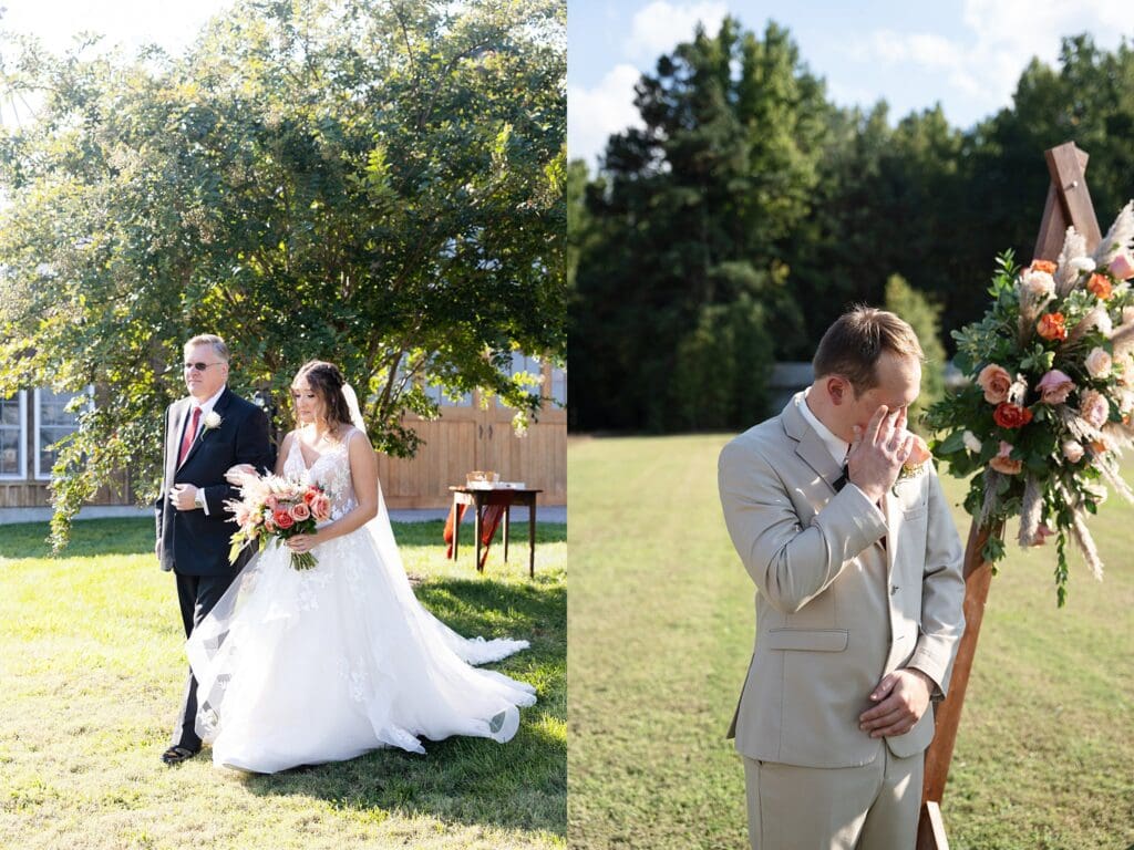Emotional first look between bride and groom