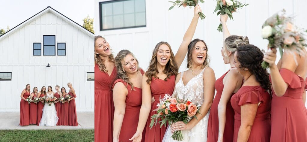 Bride and bridesmaids together in front of white barn at golden hour details at The Barns of Kanak
