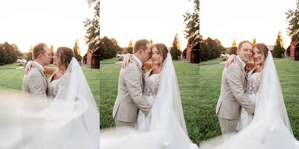 Bride and groom laughing together in sunset light with veil shots