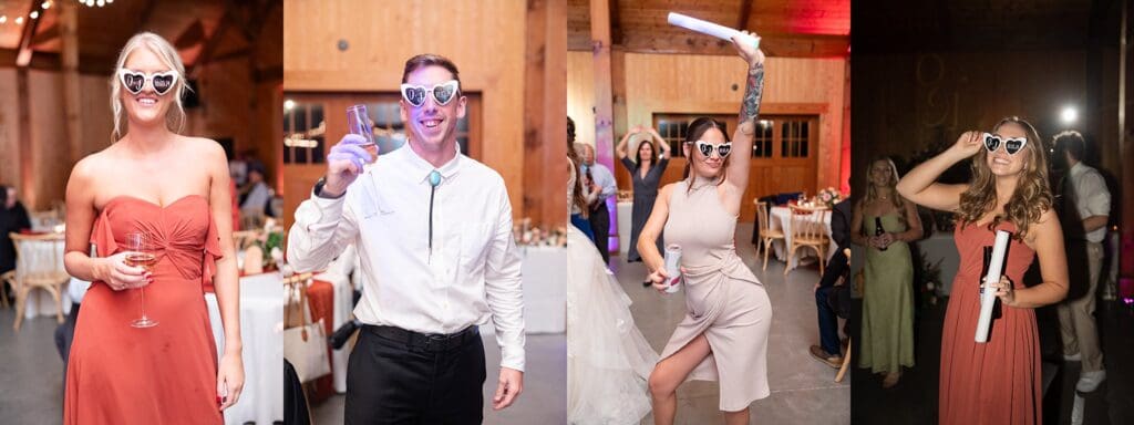 Wedding party posing in heart sunglasses