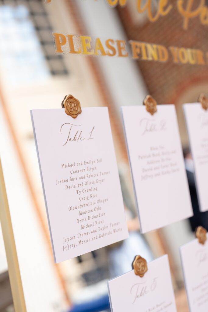 Cards with wedding reception seating arrangements
