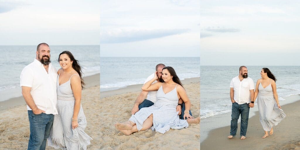 Couple in neutral tones walking on Virginia Beach during golden hour