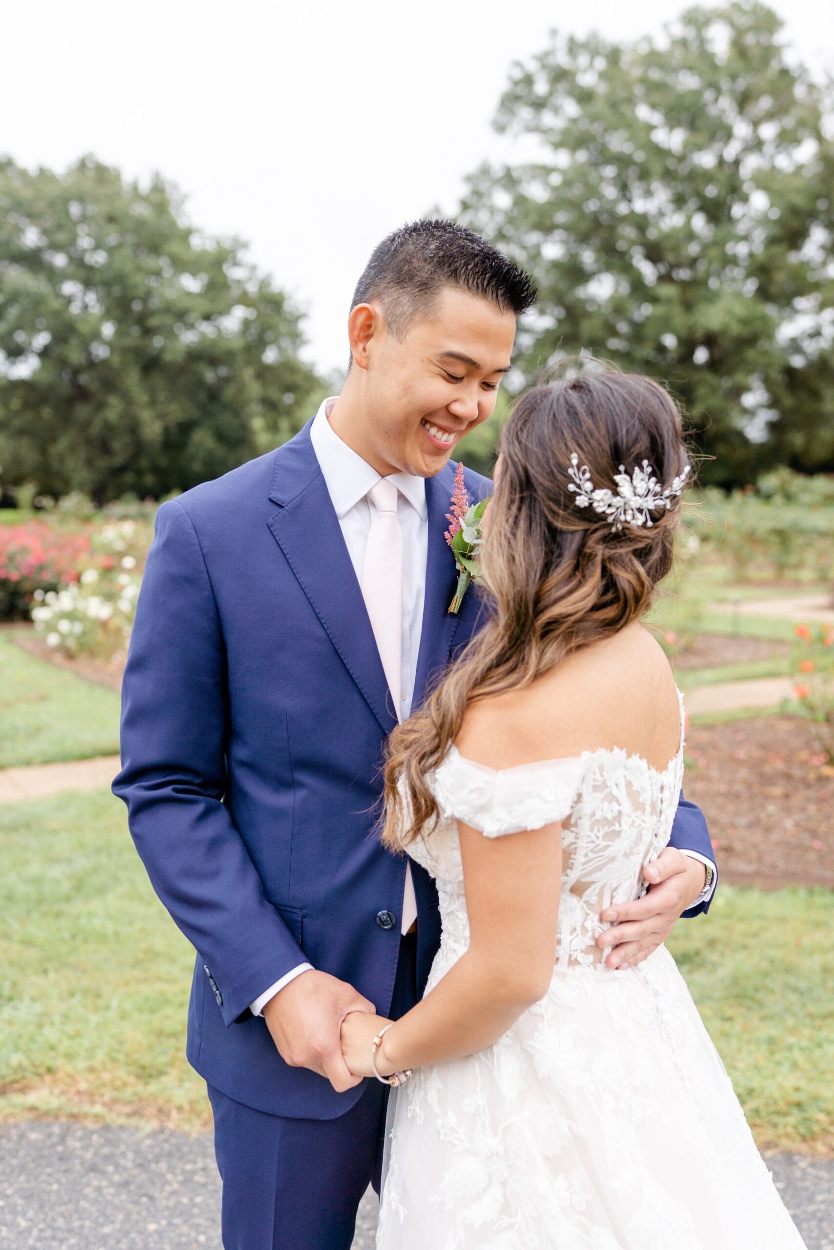 Bride and groom looking at each other